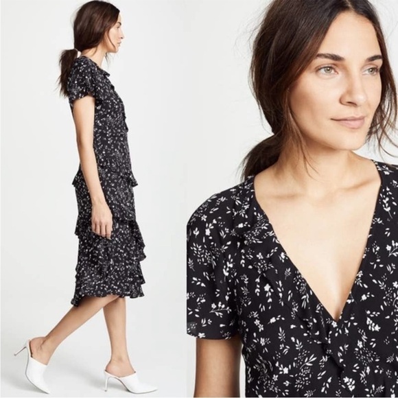 JOIE Orita Caviar Black Ruffled Floral Midi Dress Tiered Surplice V-Neck Size 6 - Picture 15 of 16